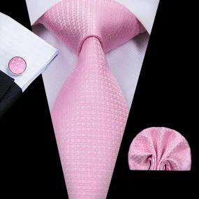 Beautiful Pink Plaid Tie Pocket Square Cufflinks Set