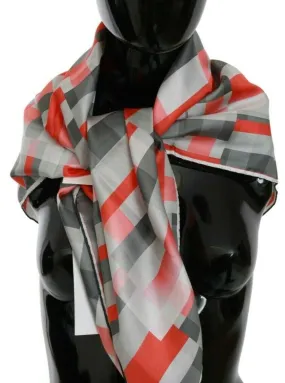 Costume National Elegant Silk Checkered Scarf in Gray and Red