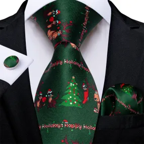 DiBanGu Green Red Christmas Tree Men's Tie Pocket Square Cufflinks Set