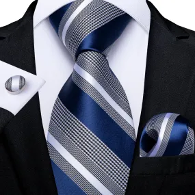 DiBanGu Men's Tie Blue Grey Striped Silk Tie Handkerchief Cufflinks Set