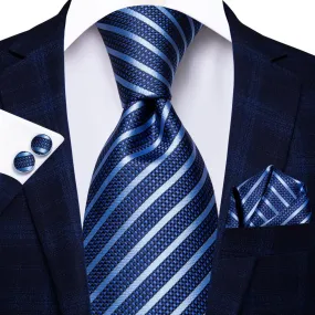 DiBanGu Men's Tie Blue Striped Silk Tie Handkerchief Cufflinks Set Hot