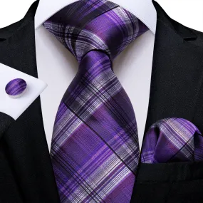 DiBanGu Men's Tie Purple Black Stripe Silk Tie Pocket Square Cufflinks Set