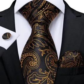 DiBanGu Silk Tie Black Golden Paisley Tie Pocket Square Cufflinks Set for Men