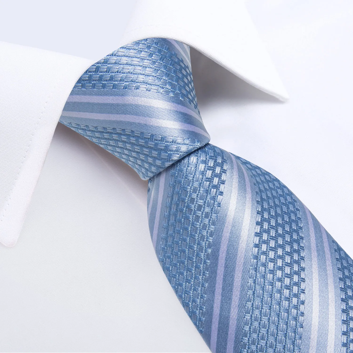 DiBanGu Silk Tie Blue White Striped Men's Tie Handkerchief Cufflinks Set