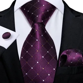 DiBanGu Silk Tie Purple White Plaid Men's Tie Handkerchief Cufflinks Set