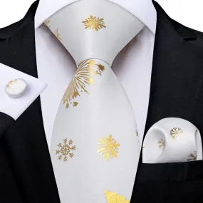 DiBanGu White Gold Christmas Snowflake Necktie Pocket Square Cufflinks Set