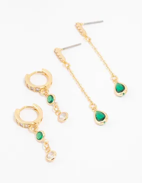 Gold Plated Cubic Zirconia Emerald Round & Pear Earrings 2-Pack