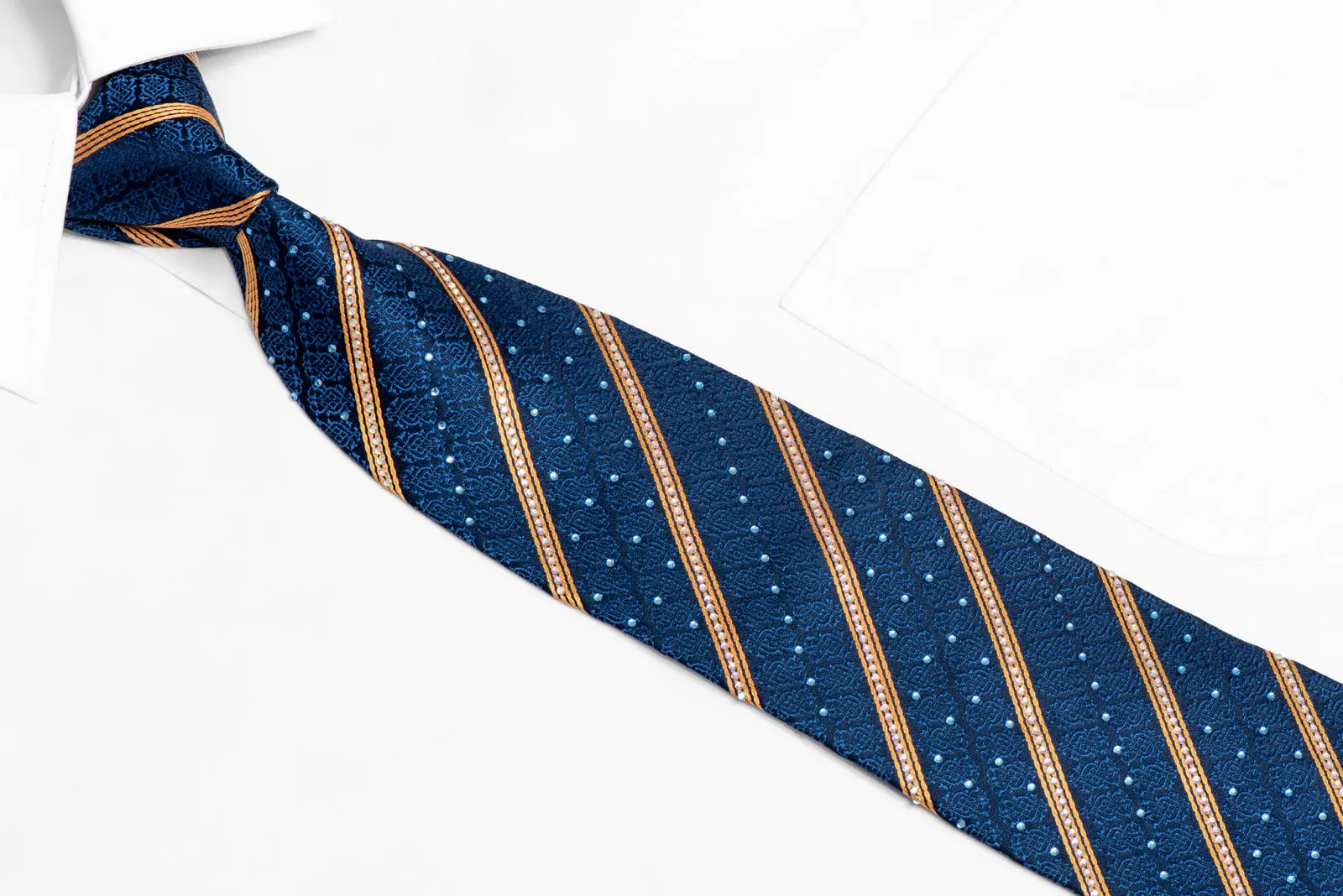 Gold Striped On Blue Cartouche Rhinestone Silk Tie