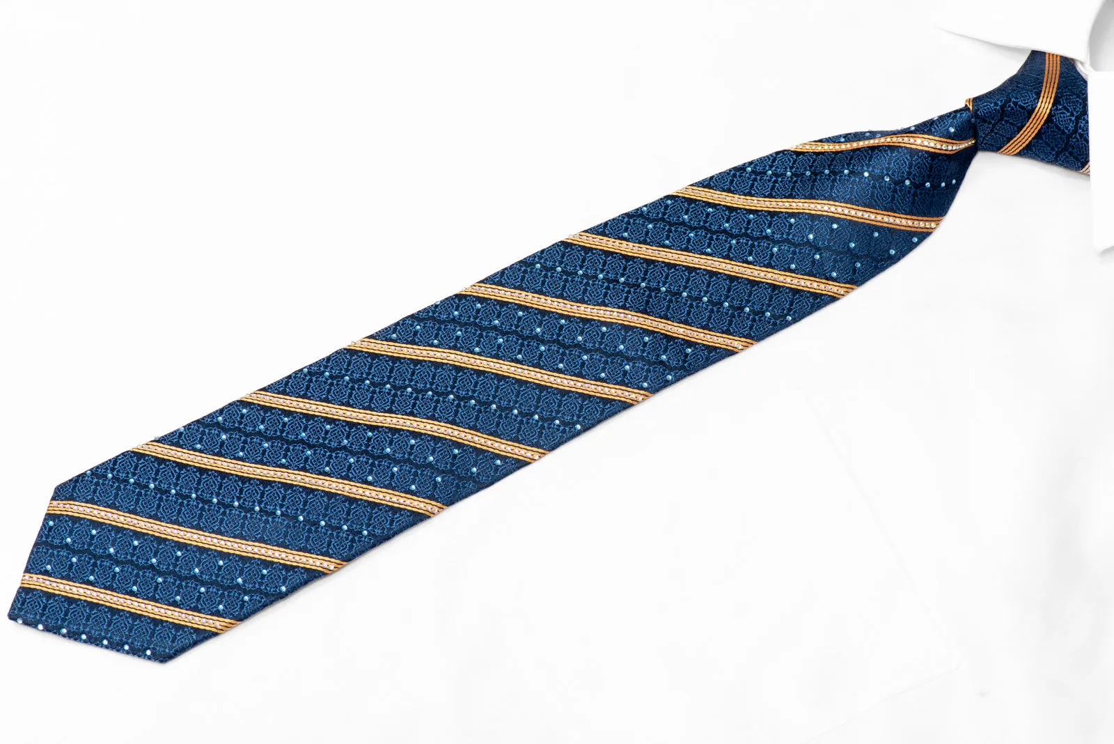 Gold Striped On Blue Cartouche Rhinestone Silk Tie