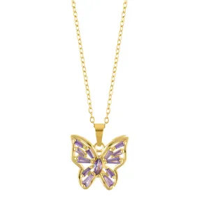 Tarnish Resistant 14k Gold Plated Pink Crystal Butterfly Necklace